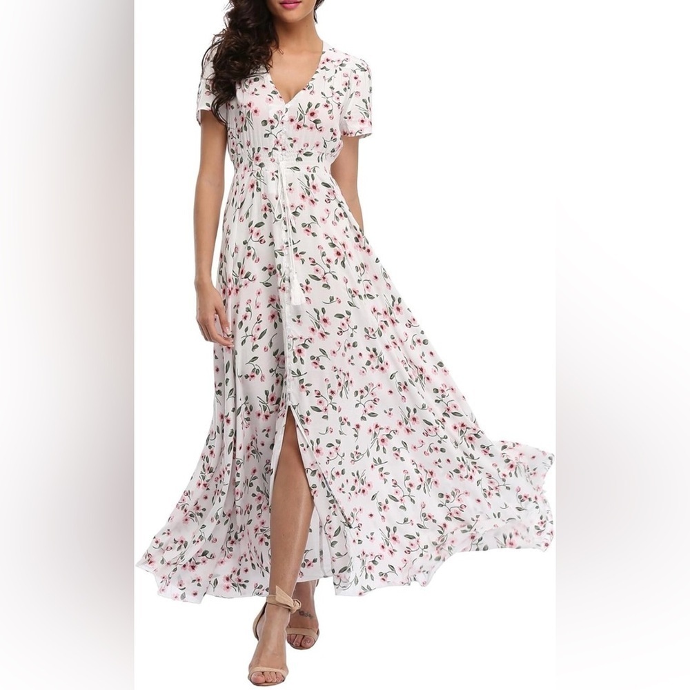 BEACH PARTY floral maxi dress smocked stretchy waist tassel strings size XXL